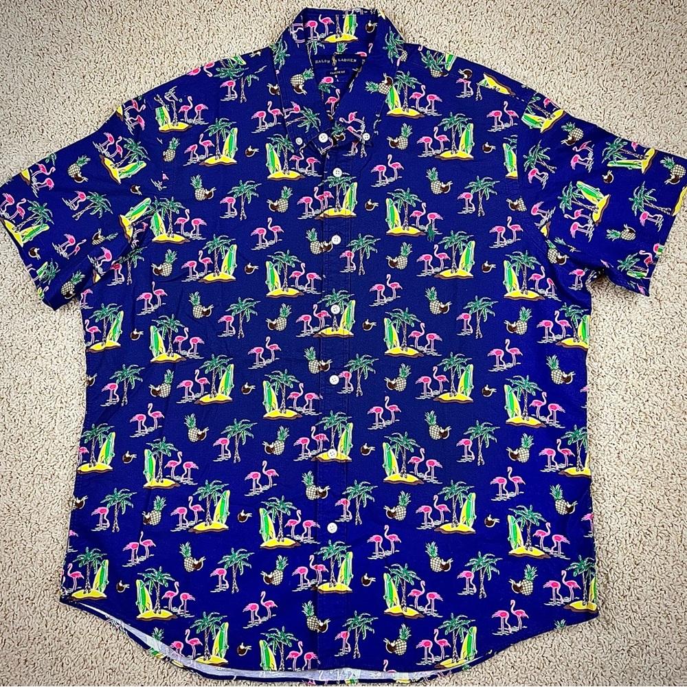 XL blue tropical patterned Men’s Ralph Lauren Classic Fit short sleeved polo.